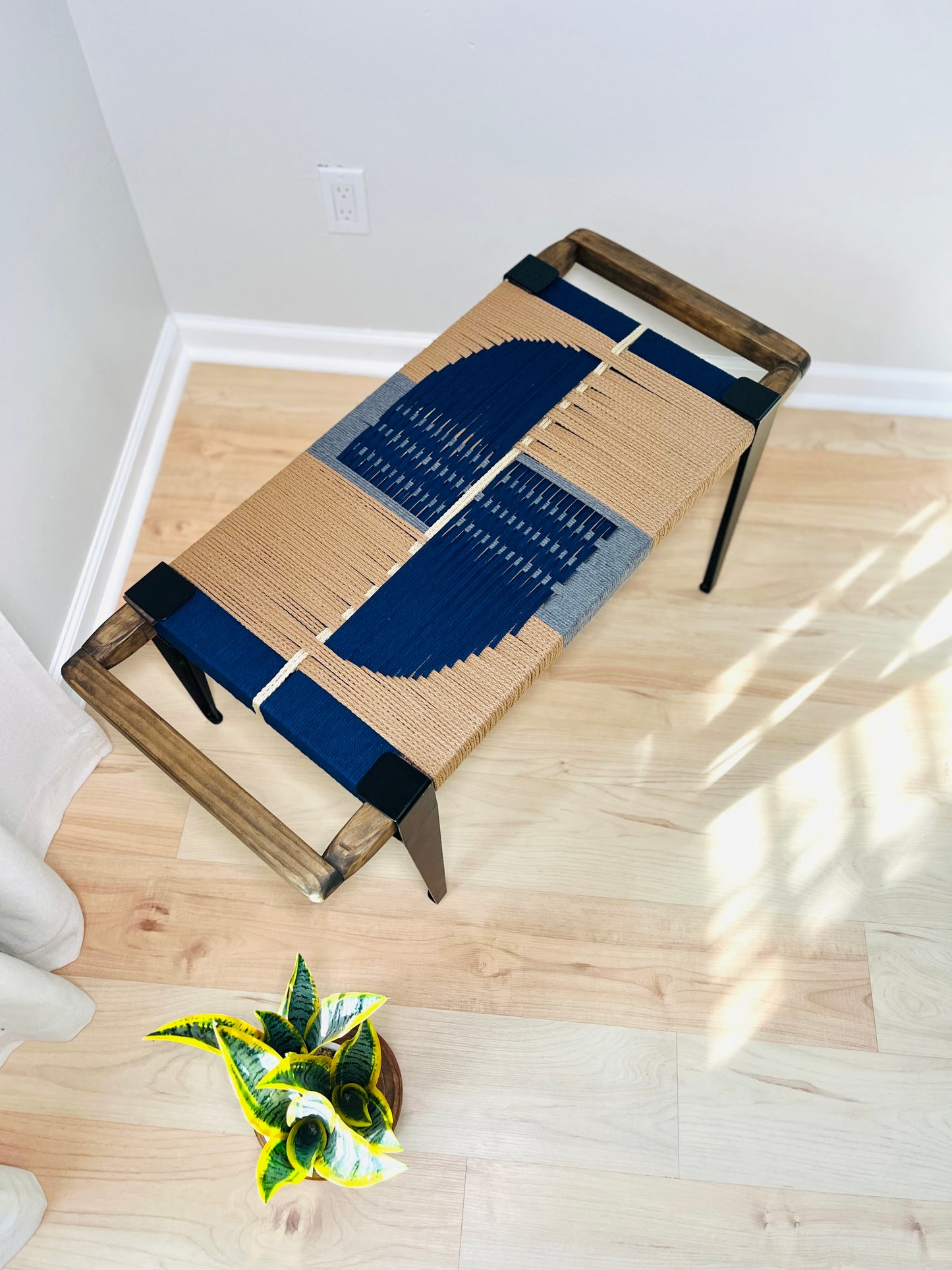 Mid Century Bench | Custom Size Woven Entryway Seating With Matte Black Legs
