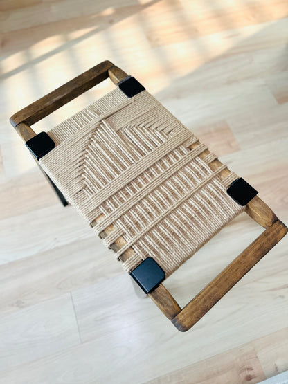 Mid Century Bench | Custom Size Woven Entryway Seating With Matte Black Legs