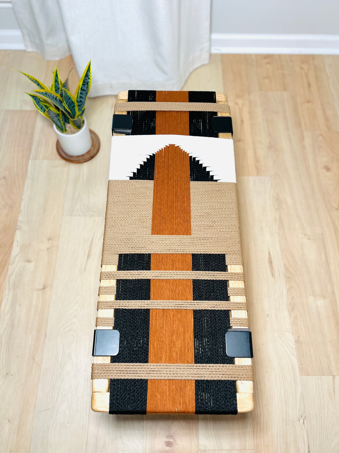 Mid Century Bench | Custom Size Woven Entryway Seating With Matte Black Legs