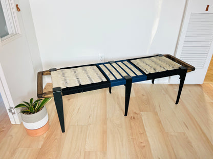 Mid Century Bench | Custom Size Woven Entryway Seating With Matte Black Legs
