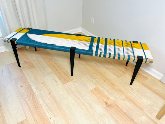 Mid Century Bench | Custom Size Woven Entryway Seating With Matte Black Legs