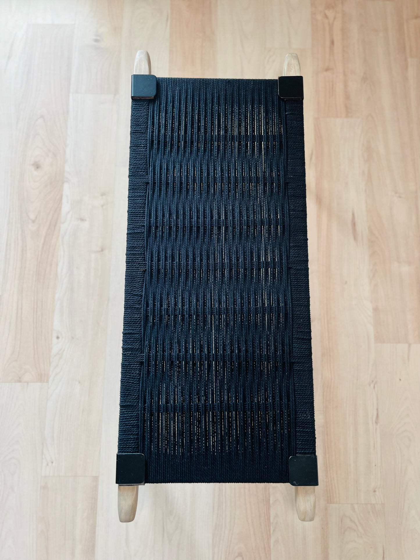 Mid Century Bench | Custom Size Woven Entryway Seating With Matte Black Legs
