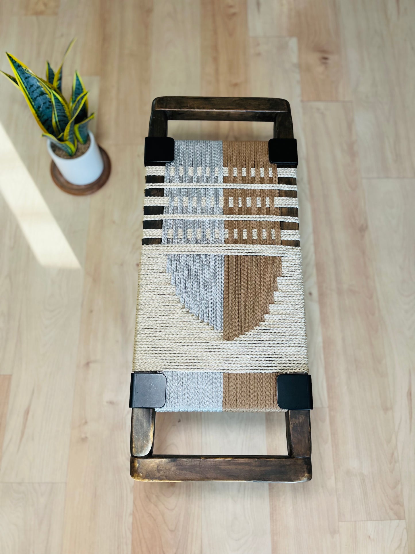 Mid Century Bench | Custom Size Woven Entryway Seating With Matte Black Legs