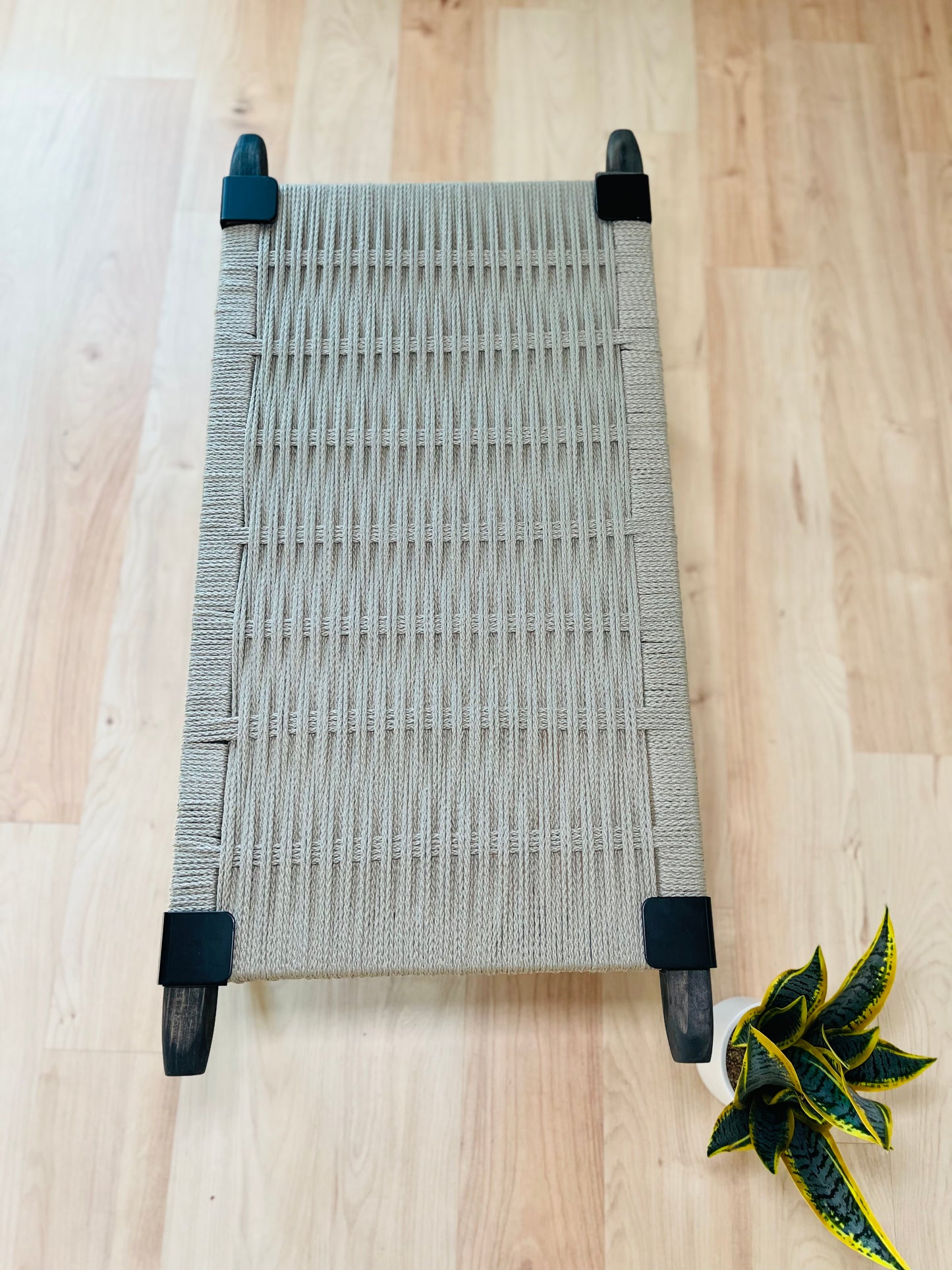 Mid Century Bench | Custom Size Woven Entryway Seating With Matte Black Legs