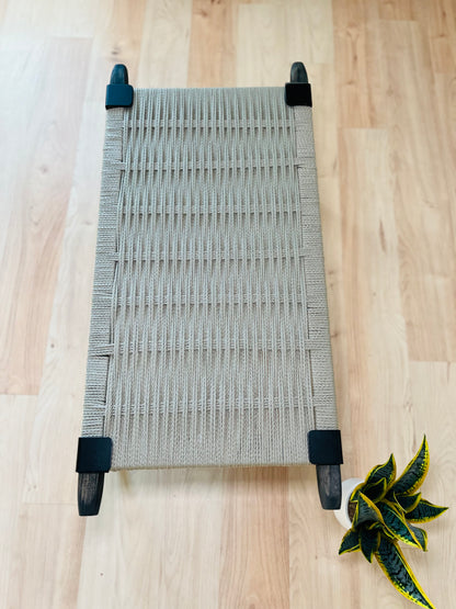Mid Century Bench | Custom Size Woven Entryway Seating With Matte Black Legs