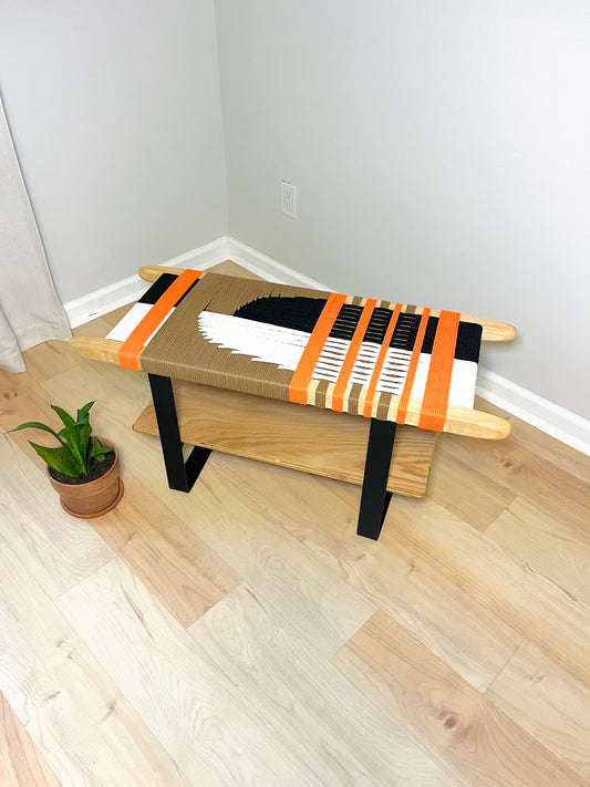 Mid Century Bench | Custom Size Woven Entryway Seating With Matte Black Legs