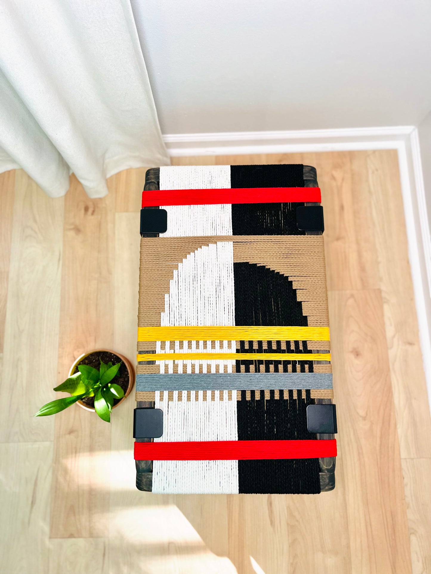 Mid Century Bench | Custom Size Woven Entryway Seating With Matte Black Legs