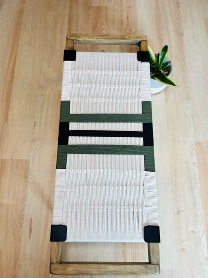 Mid Century Bench | Custom Size Woven Entryway Seating With Matte Black Legs