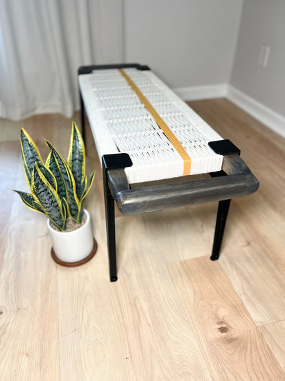 Mid Century Bench | Custom Size Woven Entryway Seating With Matte Black Legs