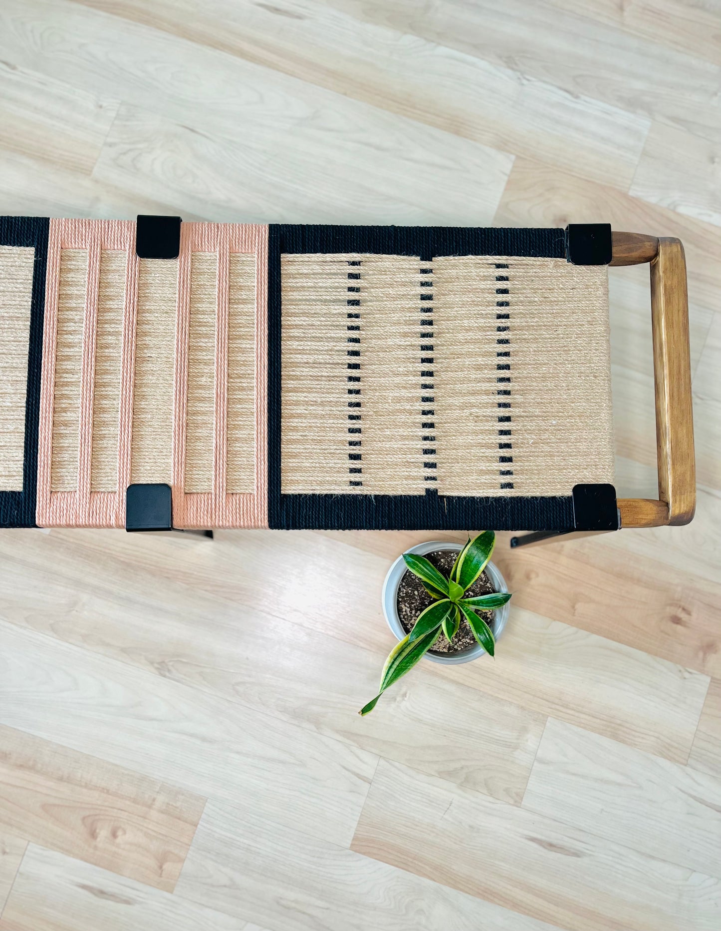 Mid Century Bench | Custom Size Woven Entryway Seating With Matte Black Legs