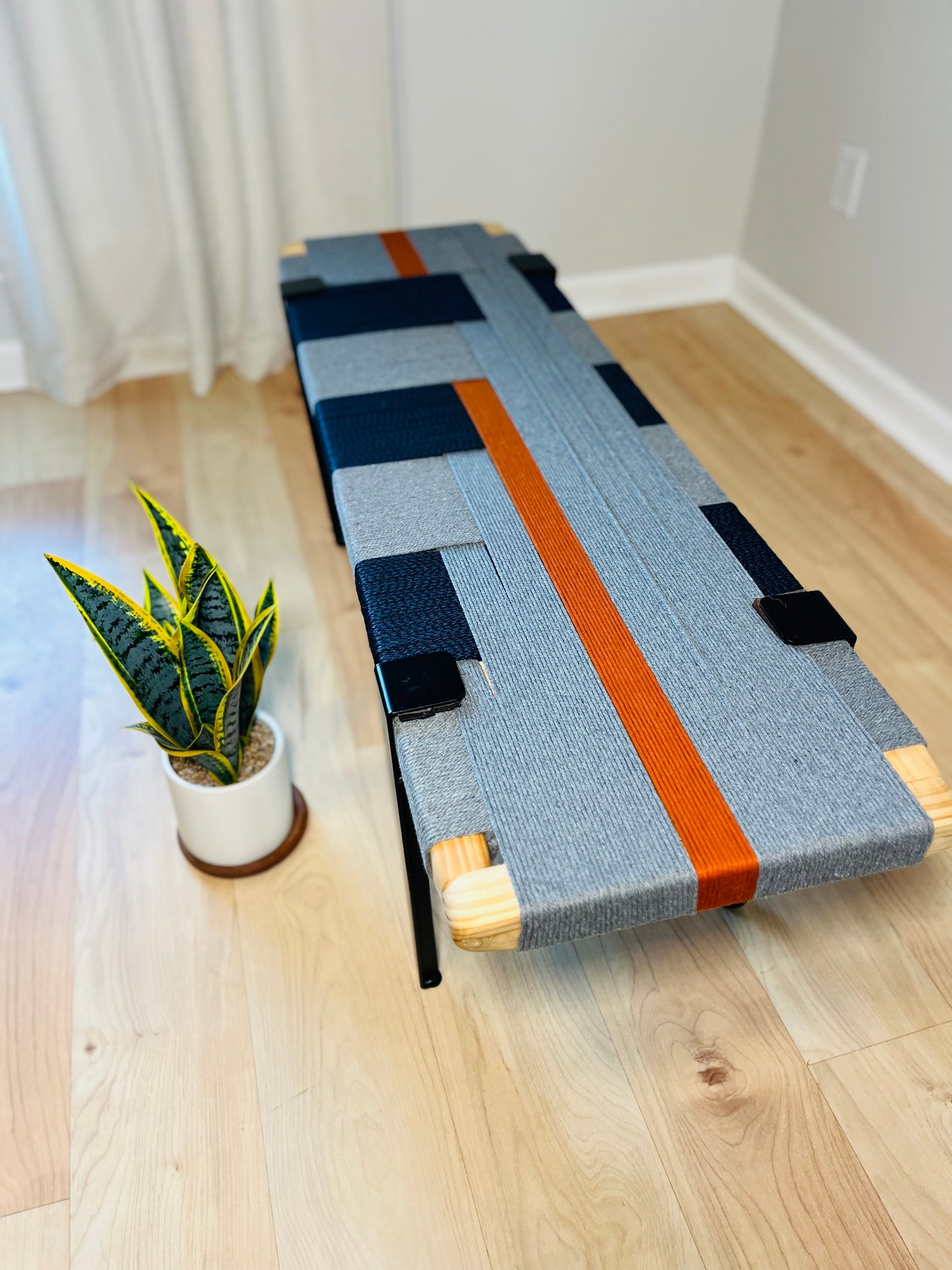 Mid Century Bench | Custom Size Woven Entryway Seating With Matte Black Legs