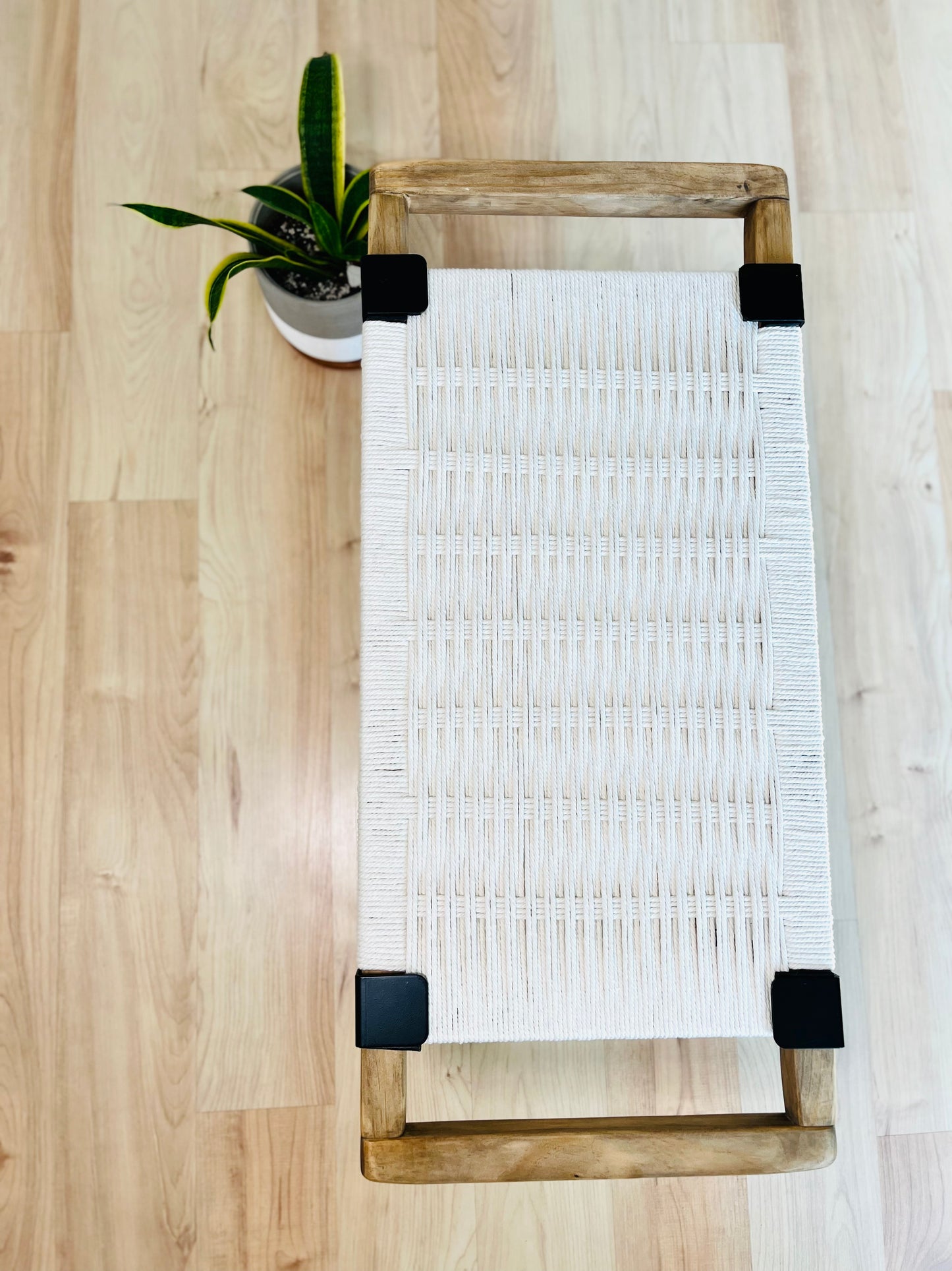 Mid Century Bench | Custom Size Woven Entryway Seating With Matte Black Legs