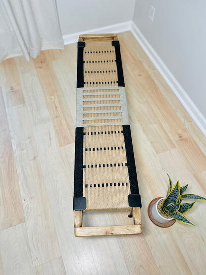 Mid Century Bench | Custom Size Woven Entryway Seating With Matte Black Legs