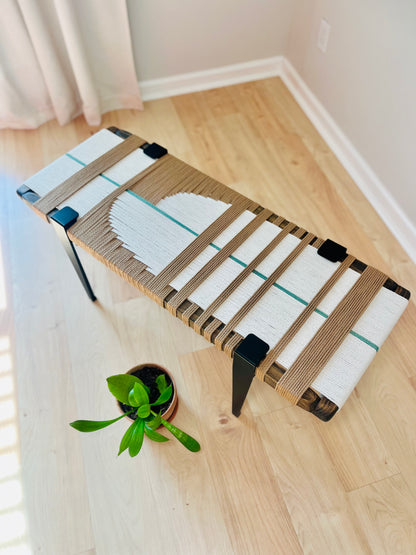 Mid Century Bench | Custom Size Woven Entryway Seating With Matte Black Legs