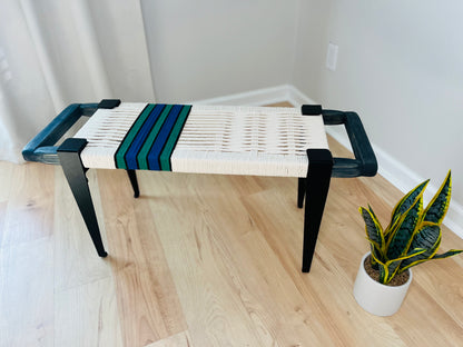 Mid Century Bench | Custom Size Woven Entryway Seating With Matte Black Legs