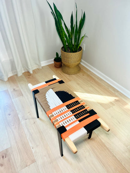 Mid Century Bench | Custom Size Woven Entryway Seating With Matte Black Legs