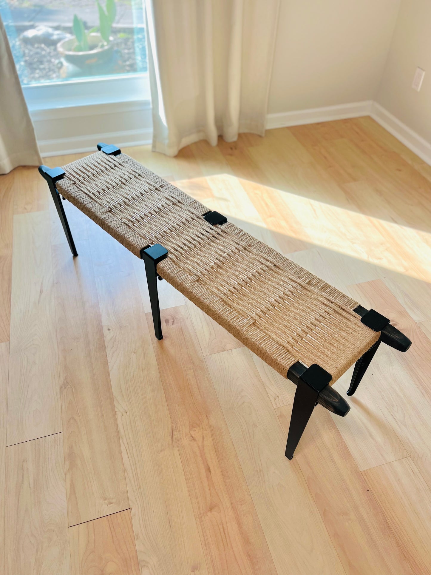 Mid Century Bench | Custom Size Woven Entryway Seating With Matte Black Legs