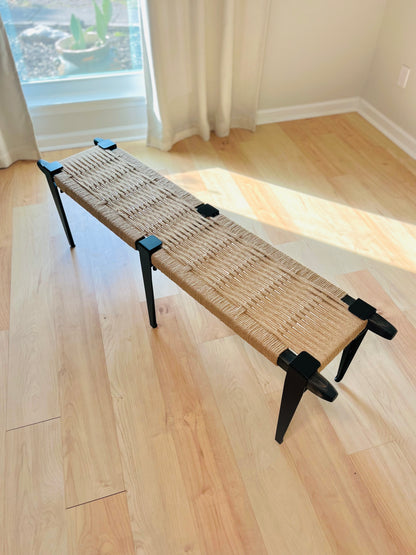 Mid Century Bench | Custom Size Woven Entryway Seating With Matte Black Legs