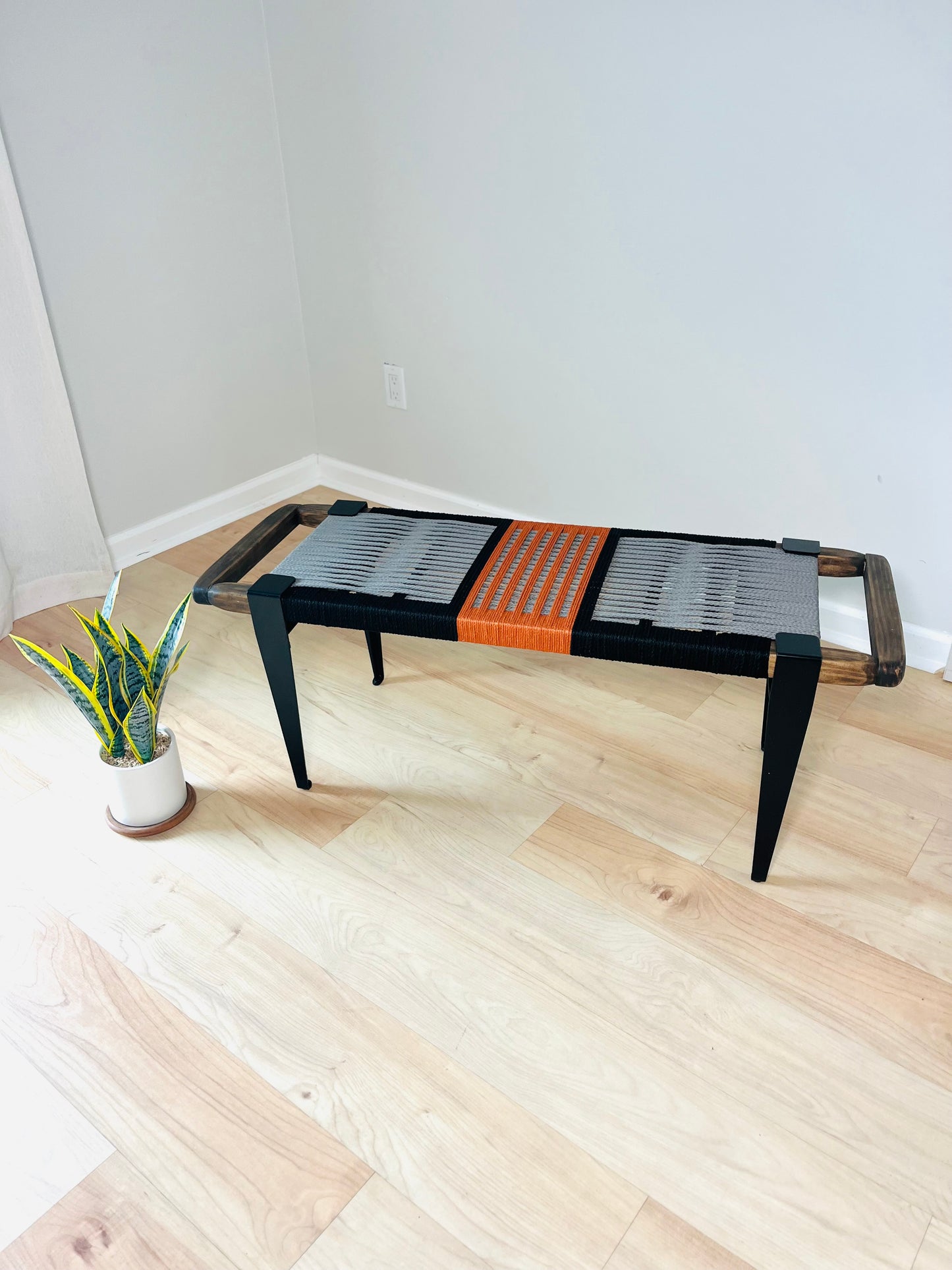 Mid Century Bench | Custom Size Woven Entryway Seating With Matte Black Legs