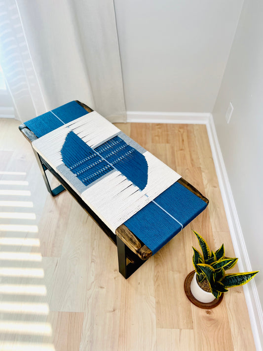 Mid Century Bench | Custom Size Woven Entryway Seating With Matte Black Legs