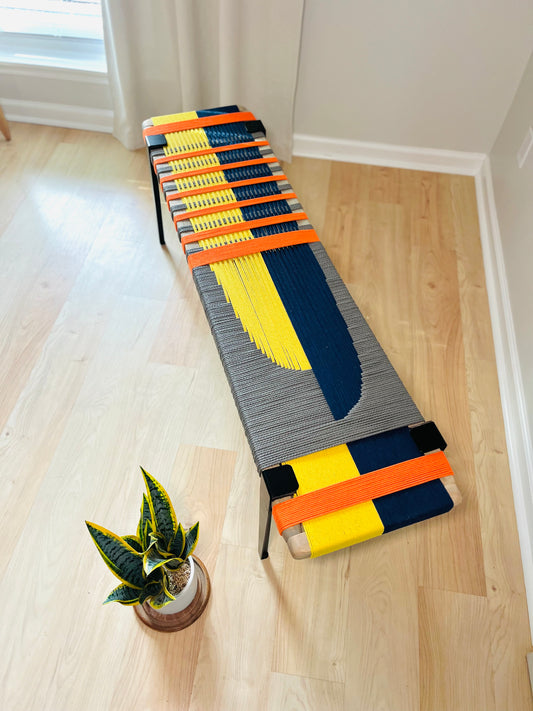 Mid Century Bench | Custom Size Woven Entryway Seating With Matte Black Legs