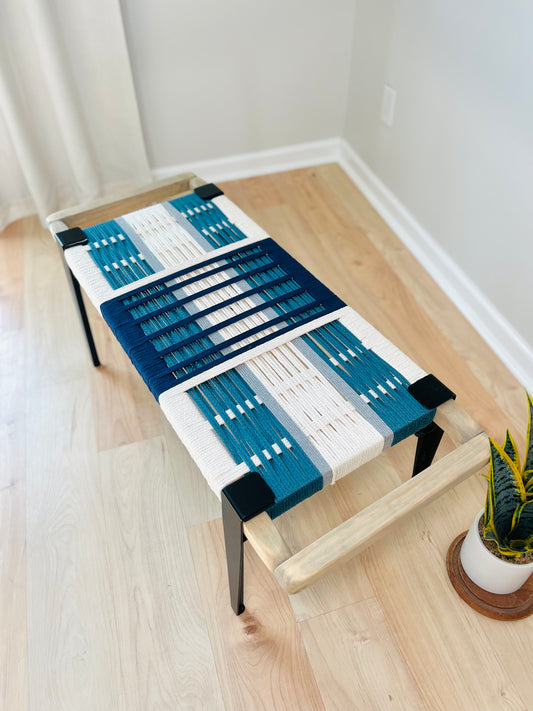 Mid Century Bench | Custom Size Woven Entryway Seating With Matte Black Legs