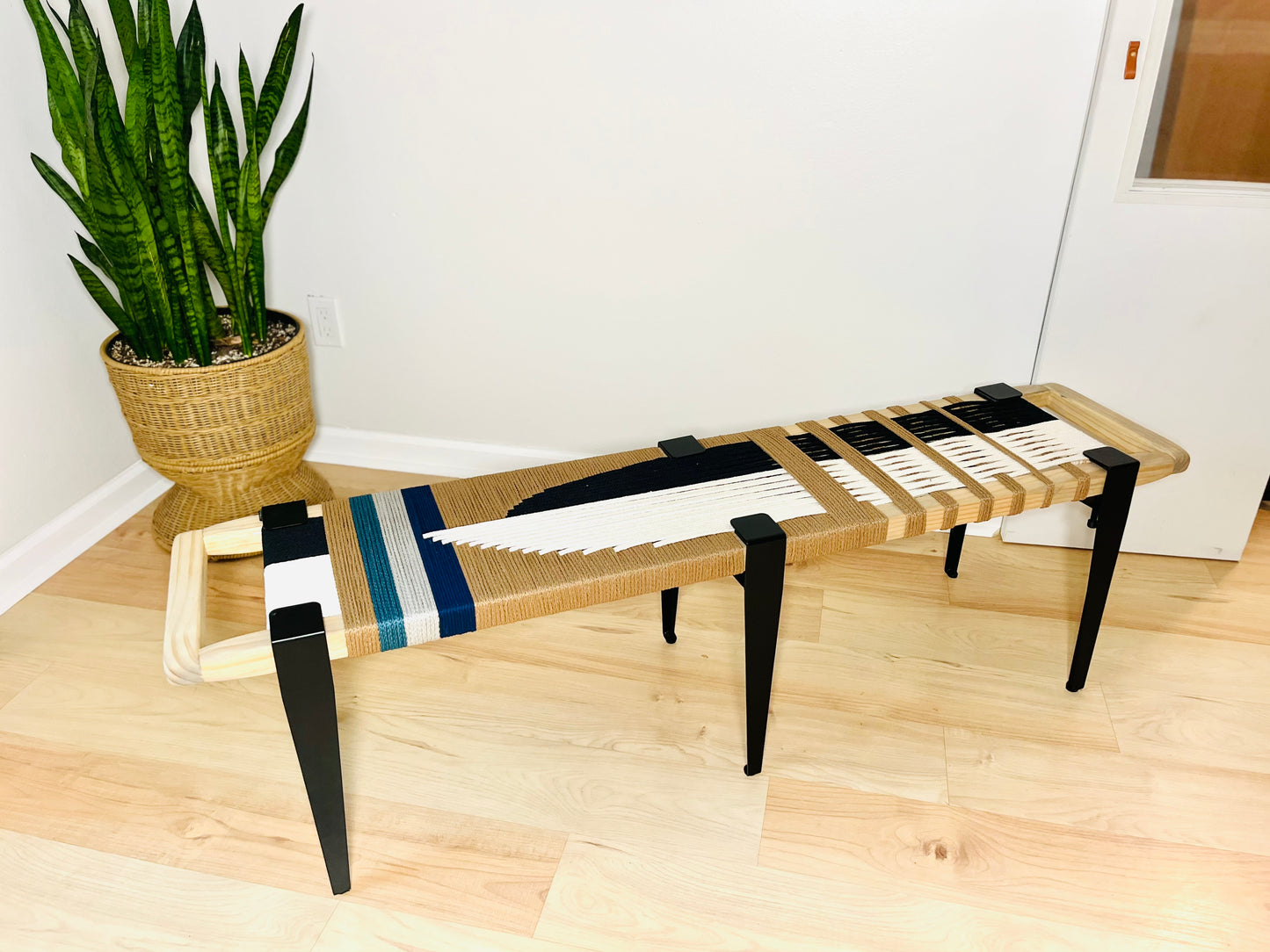 Mid Century Bench | Custom Size Woven Entryway Seating With Matte Black Legs