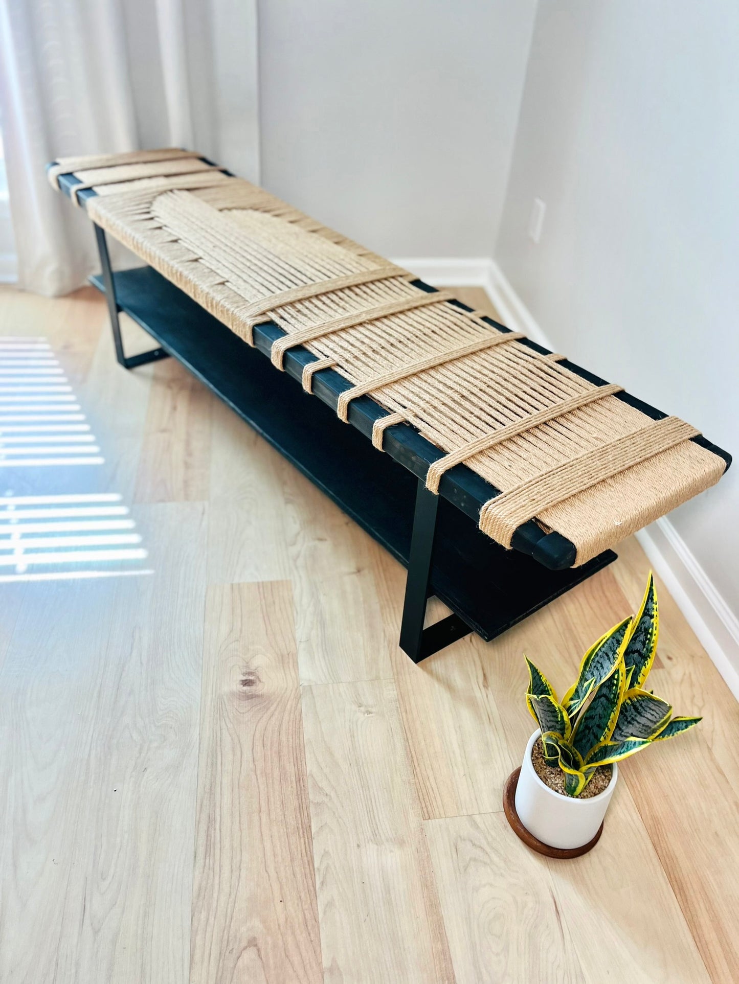 Mid Century Bench | Custom Size Woven Entryway Seating With Matte Black Legs