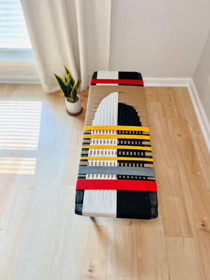 Mid Century Bench | Custom Size Woven Entryway Seating With Matte Black Legs