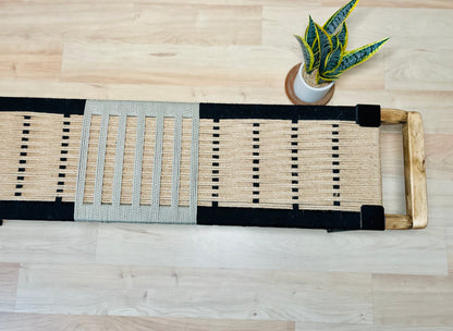 Mid Century Bench | Custom Size Woven Entryway Seating With Matte Black Legs