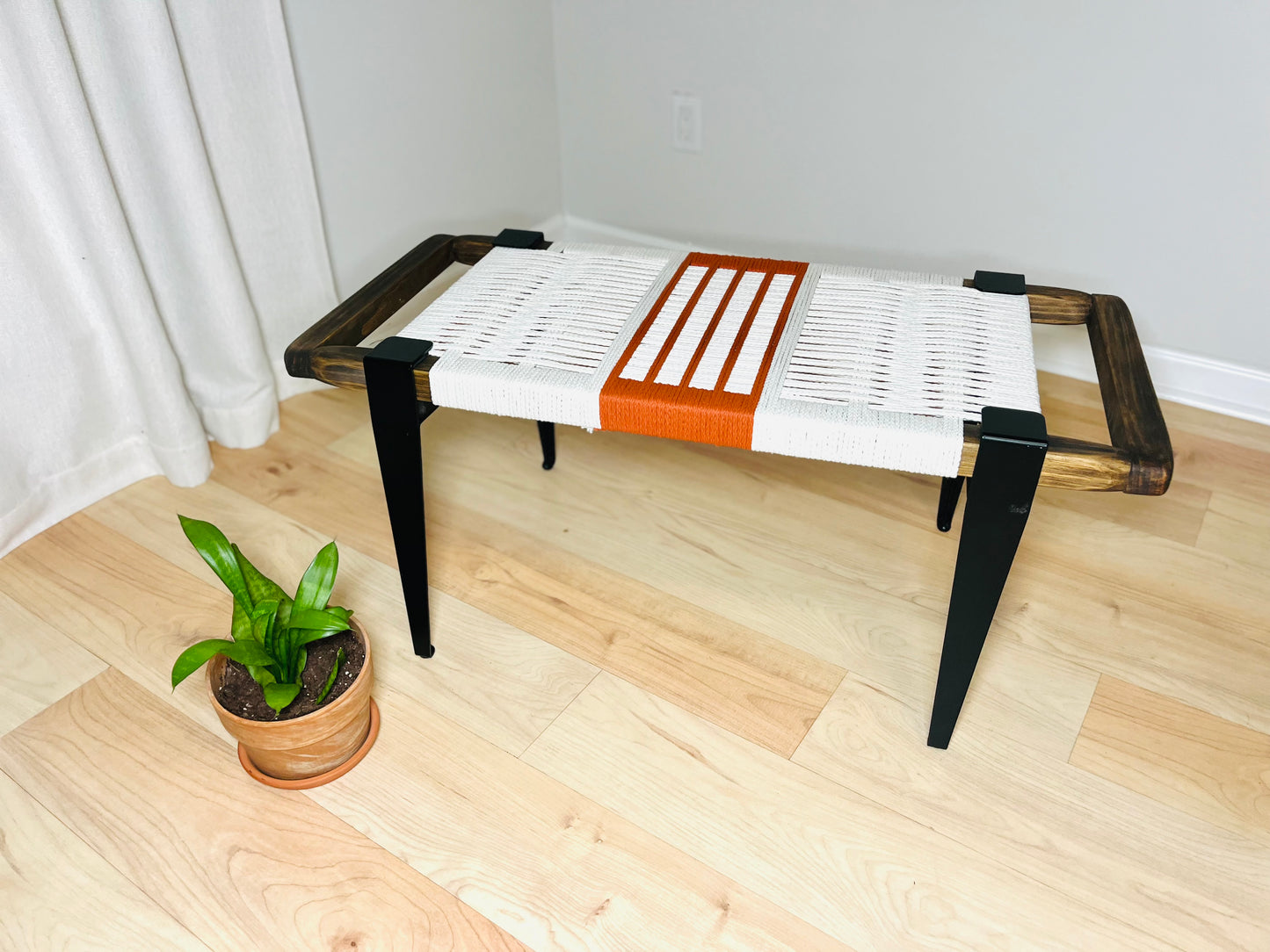 Mid Century Bench | Custom Size Woven Entryway Seating With Matte Black Legs