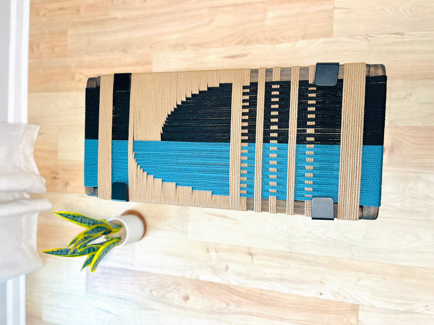 Mid Century Bench | Custom Size Woven Entryway Seating With Matte Black Legs