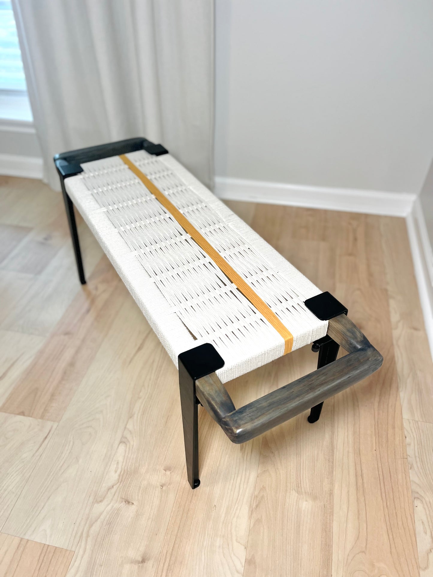 Mid Century Bench | Custom Size Woven Entryway Seating With Matte Black Legs