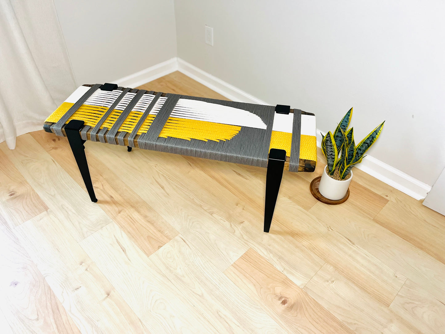 Mid Century Bench | Custom Size Woven Entryway Seating With Matte Black Legs