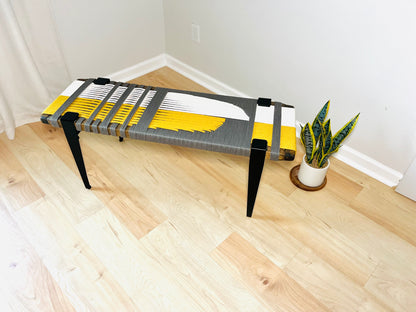 Mid Century Bench | Custom Size Woven Entryway Seating With Matte Black Legs