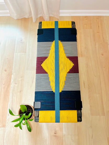 Mid Century Bench | Custom Size Woven Entryway Seating With Matte Black Legs.