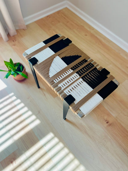 Mid Century Bench | Custom Size Woven Entryway Seating With Matte Black Legs