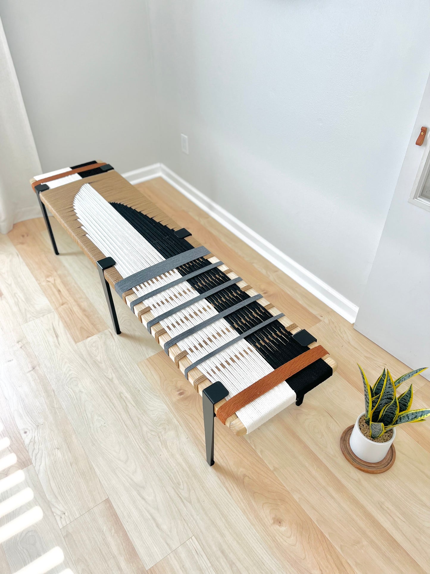 Mid Century Bench | Custom Size Woven Entryway Seating With Matte Black Legs