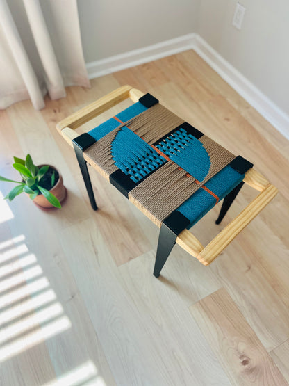 Mid Century Bench | Custom Size Woven Entryway Seating With Matte Black Legs