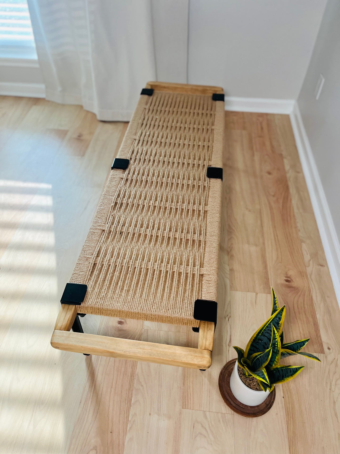 Mid Century Bench | Custom Size Woven Entryway Seating With Matte Black Legs