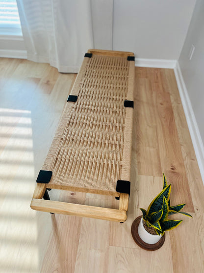 Mid Century Bench | Custom Size Woven Entryway Seating With Matte Black Legs
