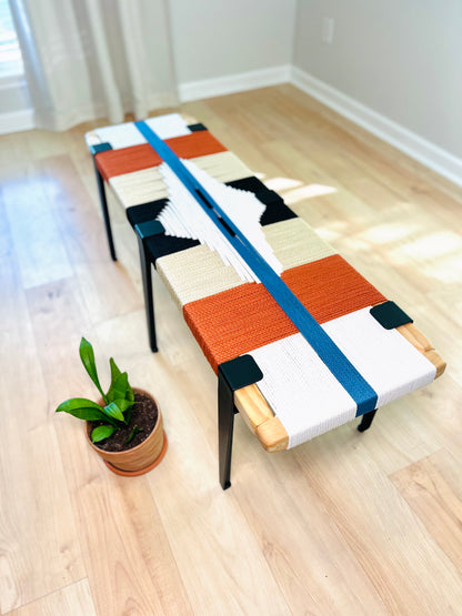 Mid Century Bench | Custom Size Woven Entryway Seating With Matte Black Legs