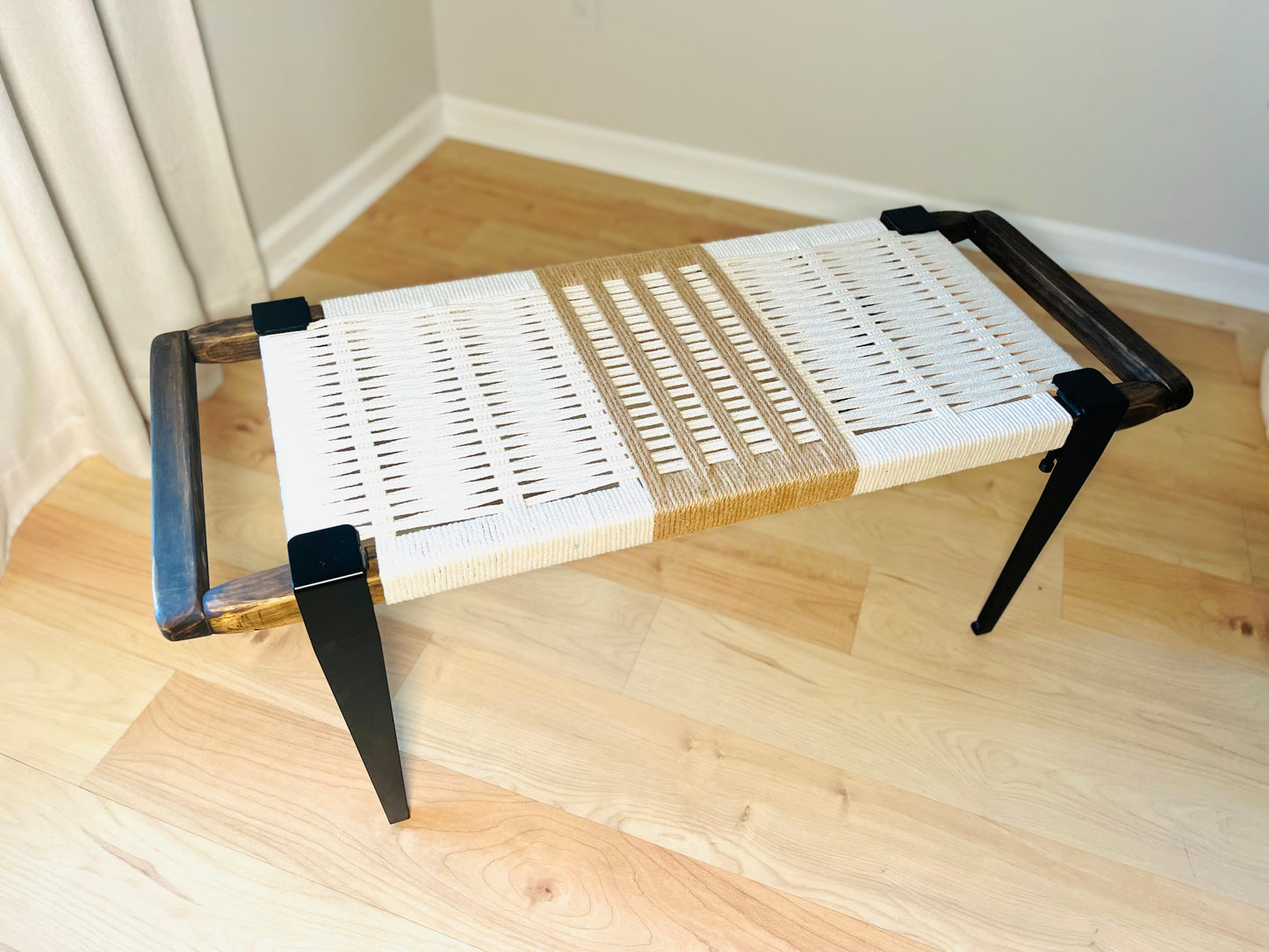 Mid Century Bench | Custom Size Woven Entryway Seating With Matte Black Legs