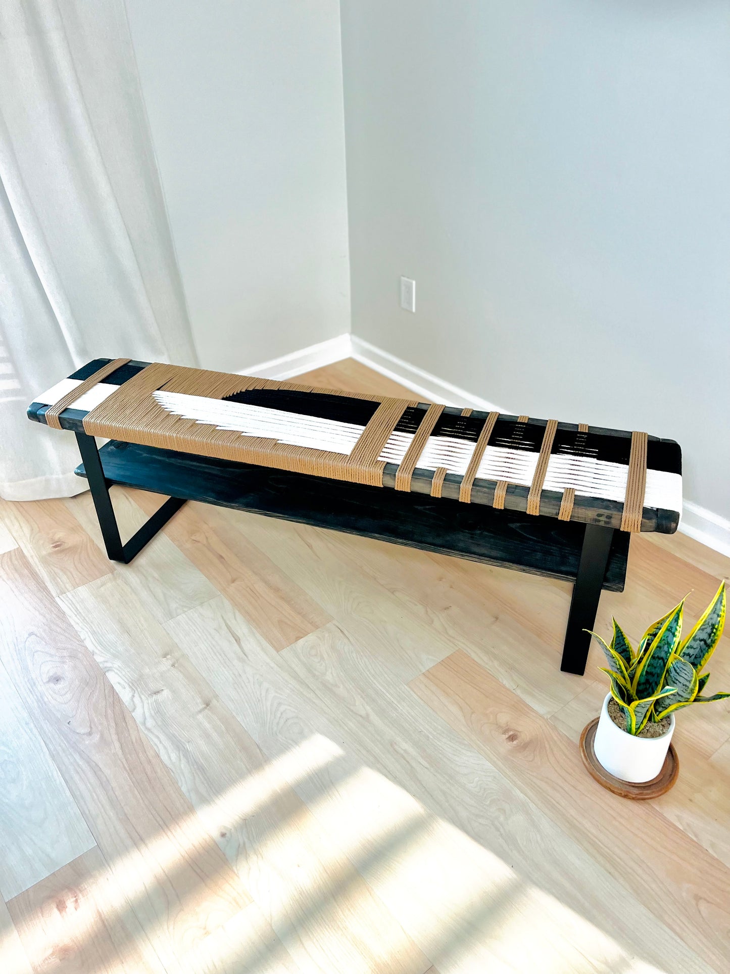 Mid Century Bench | Custom Size Woven Entryway Seating With Matte Black Legs