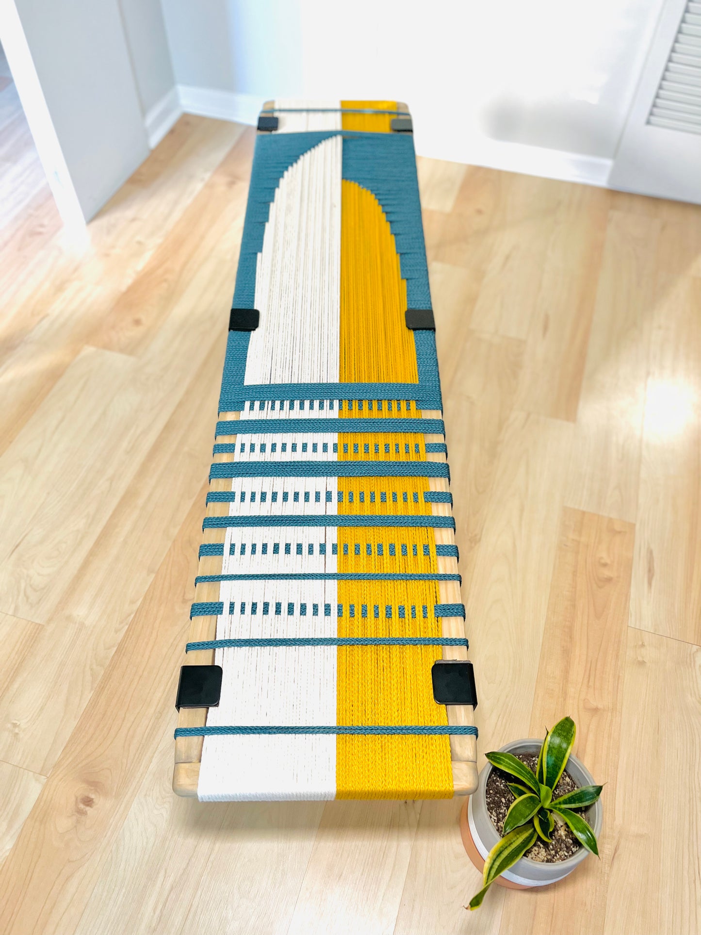 Mid Century Bench | Custom Size Woven Entryway Seating With Matte Black Legs