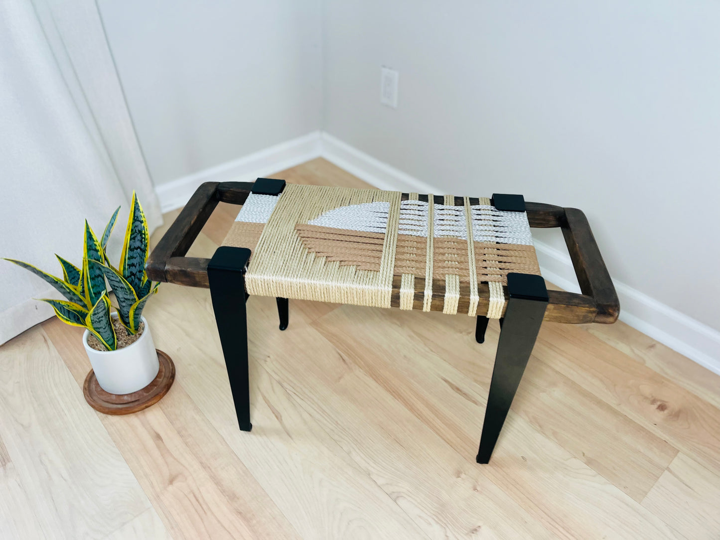 Mid Century Bench | Custom Size Woven Entryway Seating With Matte Black Legs