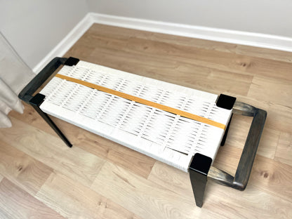 Mid Century Bench | Custom Size Woven Entryway Seating With Matte Black Legs