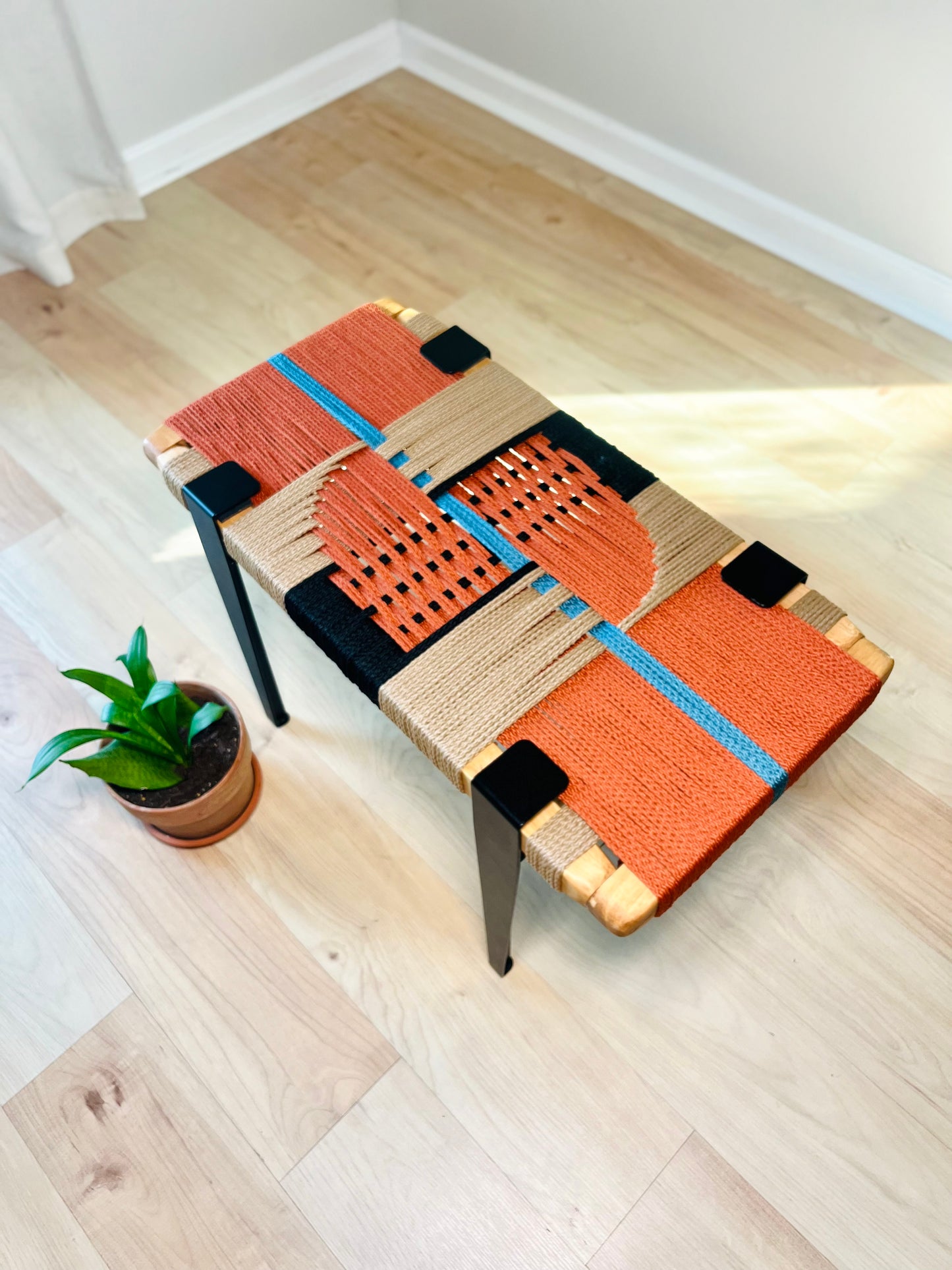 Mid Century Bench | Custom Size Woven Entryway Seating With Matte Black Legs