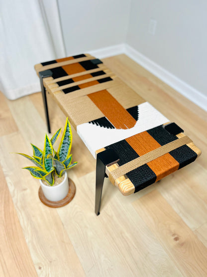 Mid Century Bench | Custom Size Woven Entryway Seating With Matte Black Legs