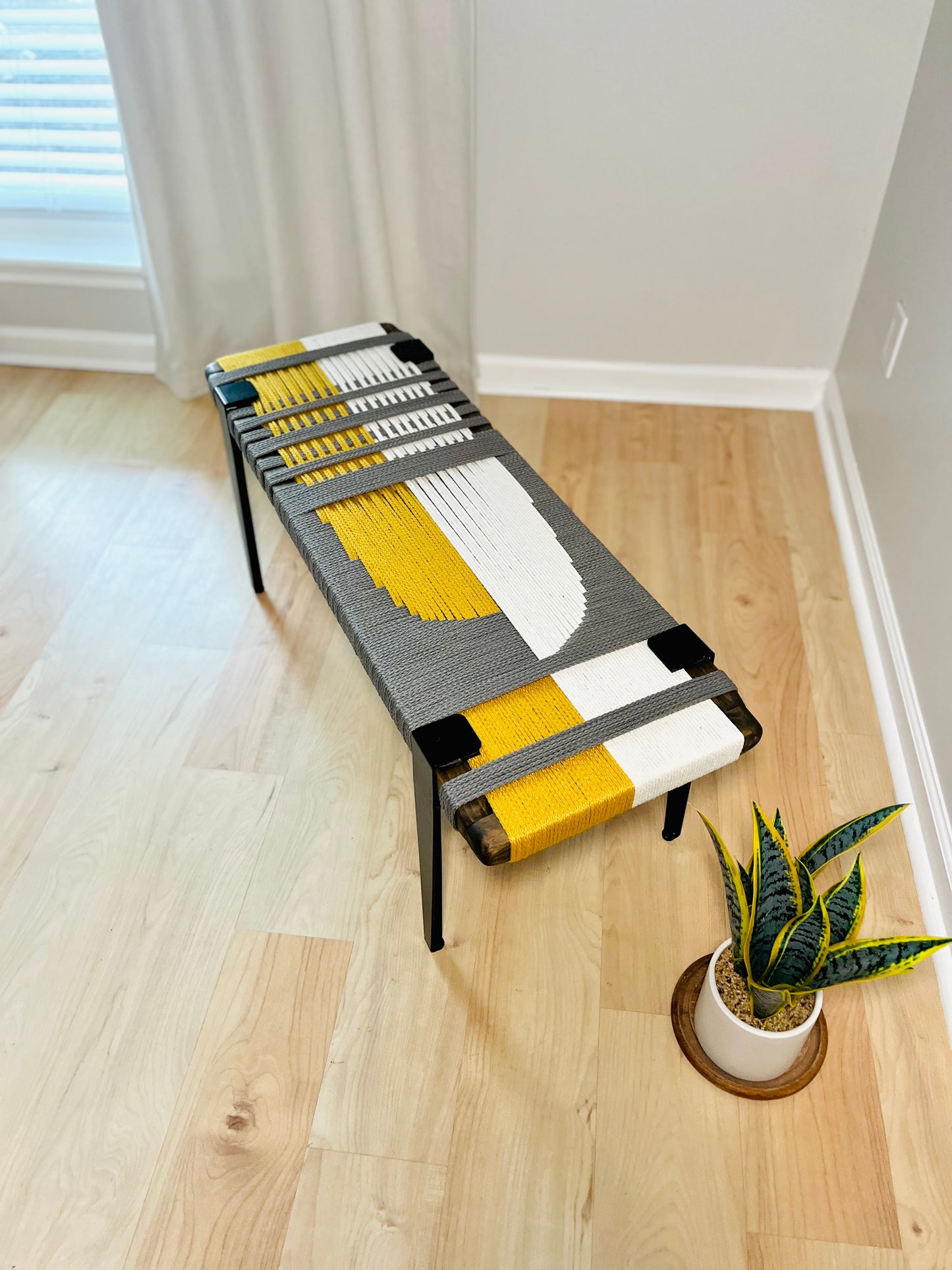 Mid Century Bench | Custom Size Woven Entryway Seating With Matte Black Legs